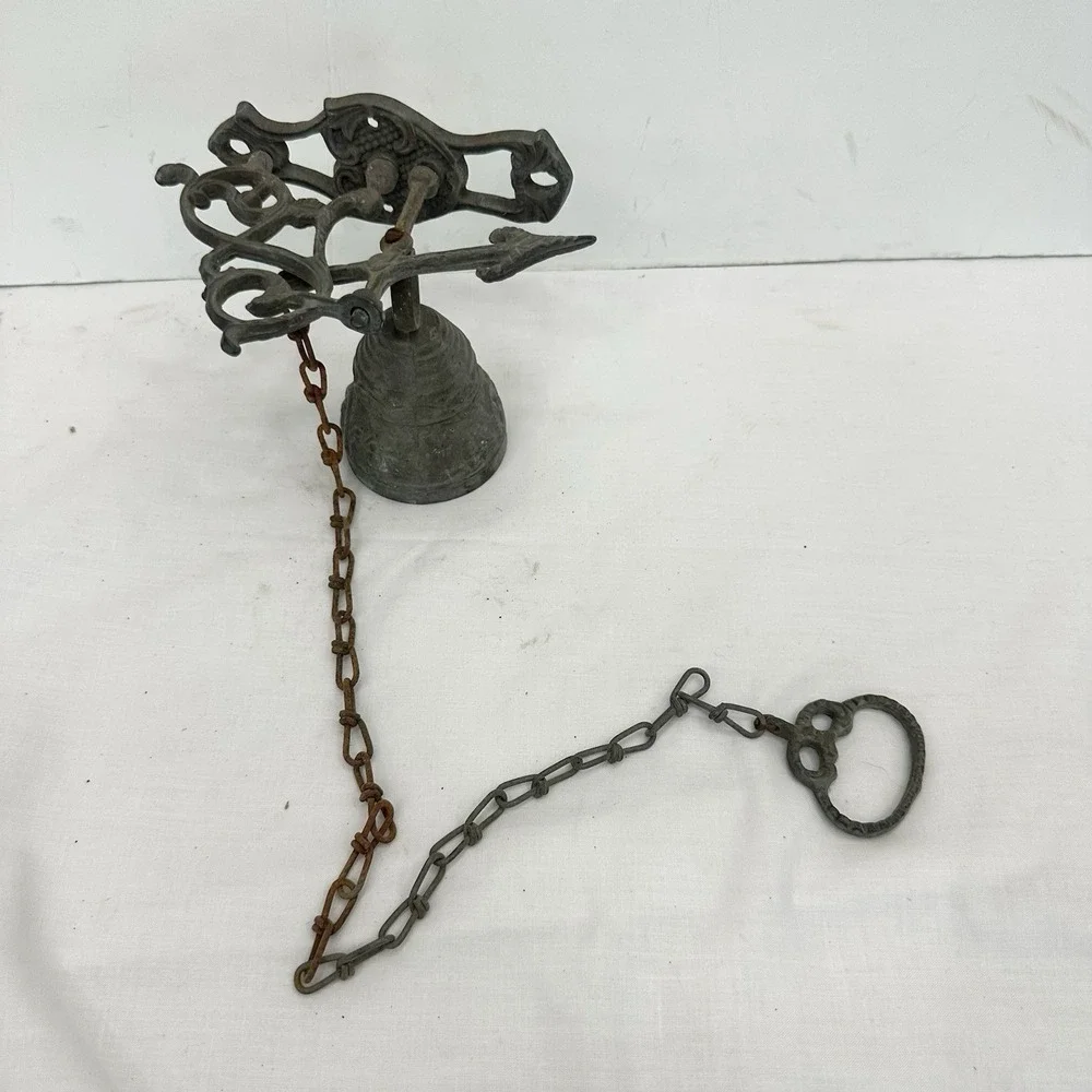 Vintage Brass Wall-Mounted Door Monastery Bell W/ Chain & Pull Handle Patina